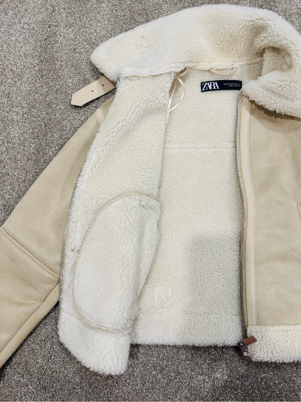 ZARA Double Faced Faux Suede Shearling Jacket Cream Beige Aviator Biker Size XS - Picture 6 of 11